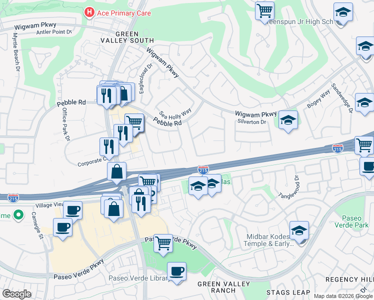 map of restaurants, bars, coffee shops, grocery stores, and more near 2118 Fountain Springs Drive in Henderson