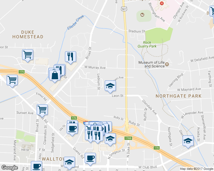 map of restaurants, bars, coffee shops, grocery stores, and more near 7 Tennyson Place in Durham