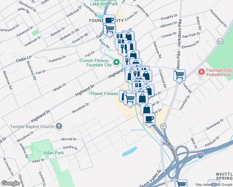 map of restaurants, bars, coffee shops, grocery stores, and more near 2616 Woodrow Drive in Knoxville