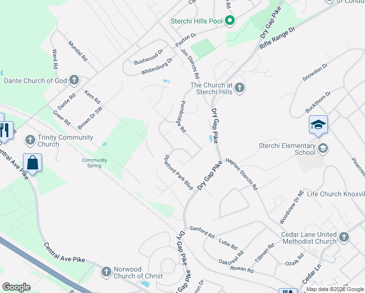 map of restaurants, bars, coffee shops, grocery stores, and more near 6119 Stratford Park Boulevard in Knoxville