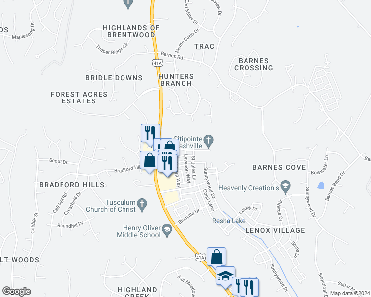 map of restaurants, bars, coffee shops, grocery stores, and more near 7231 Althorp Way in Nashville