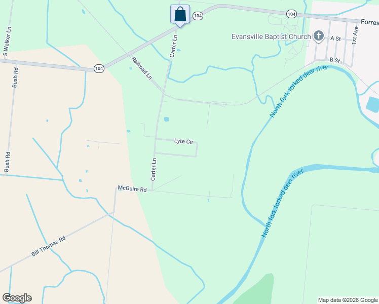 map of restaurants, bars, coffee shops, grocery stores, and more near 165 Lyte Circle in Dyersburg
