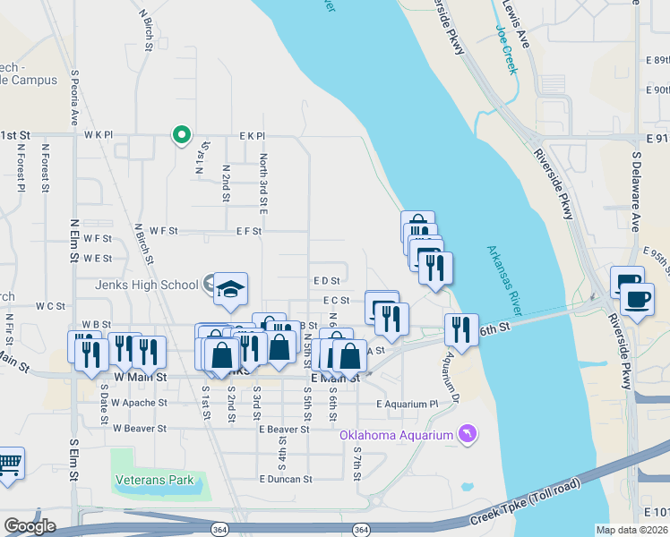 map of restaurants, bars, coffee shops, grocery stores, and more near 511 East E Street in Jenks