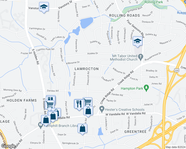 map of restaurants, bars, coffee shops, grocery stores, and more near 2720 Gwaltney Road in Greensboro