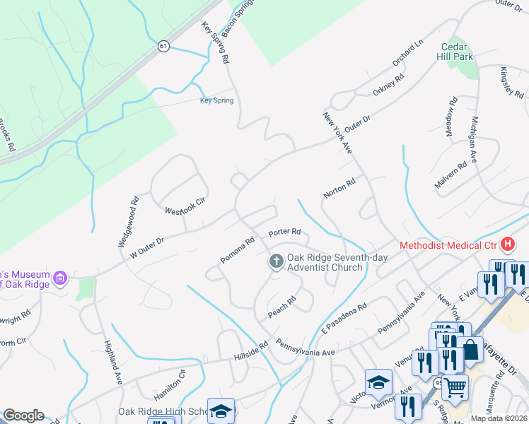 map of restaurants, bars, coffee shops, grocery stores, and more near 109 E Price Rd in Oak Ridge