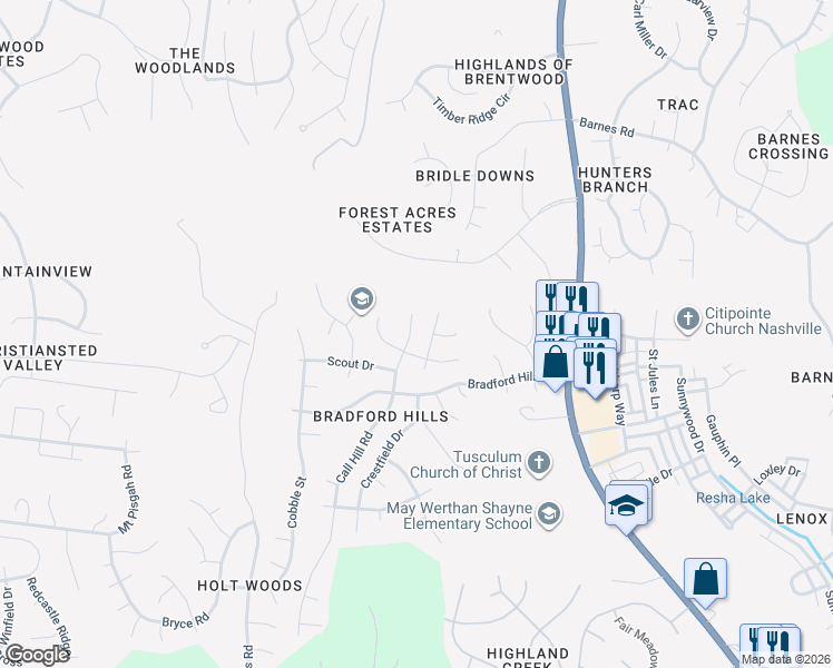 map of restaurants, bars, coffee shops, grocery stores, and more near 2520 Call Hill Road in Nashville
