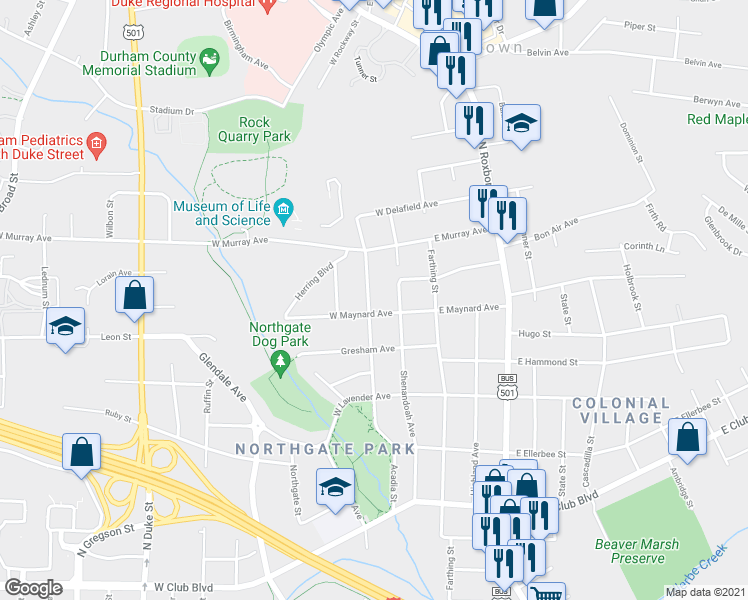 map of restaurants, bars, coffee shops, grocery stores, and more near 2804 Elgin Street in Durham