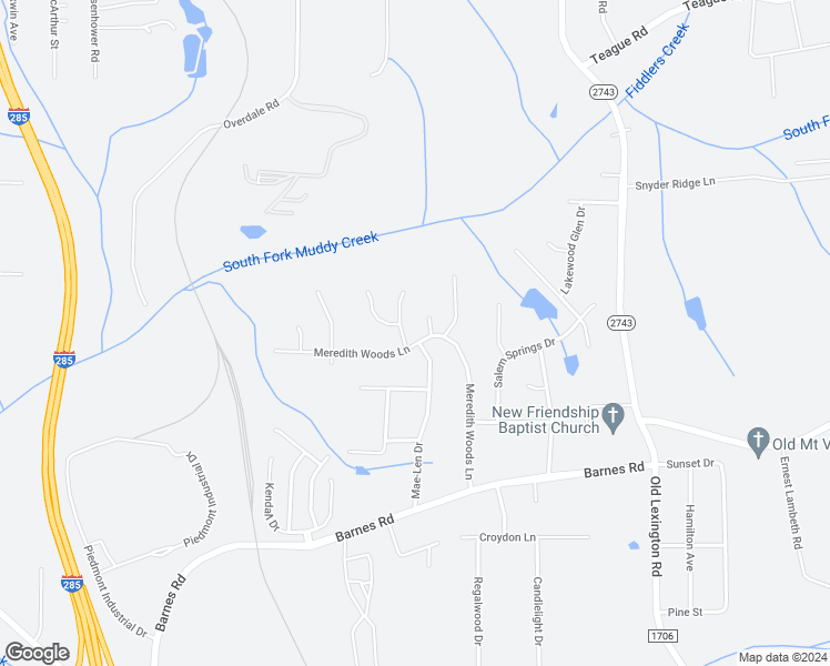 map of restaurants, bars, coffee shops, grocery stores, and more near 4043 Meredith Woods Lane in Winston-Salem
