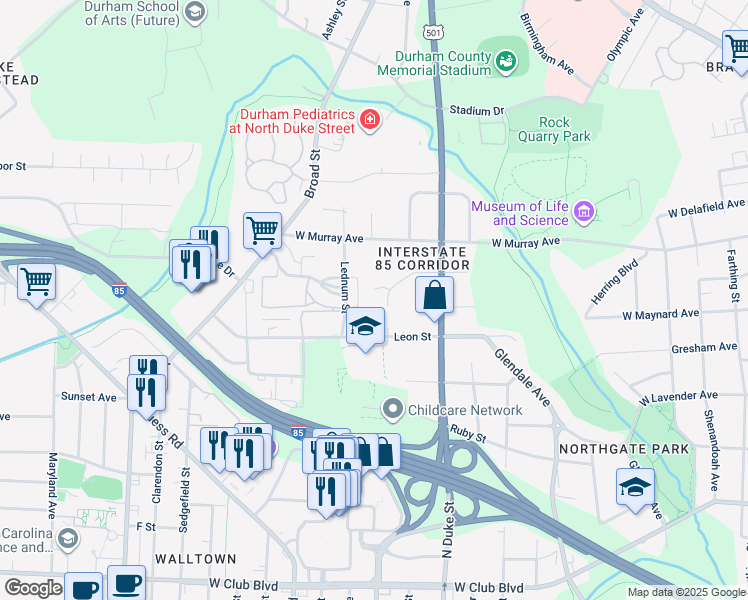 map of restaurants, bars, coffee shops, grocery stores, and more near 7 Tennyson Place in Durham