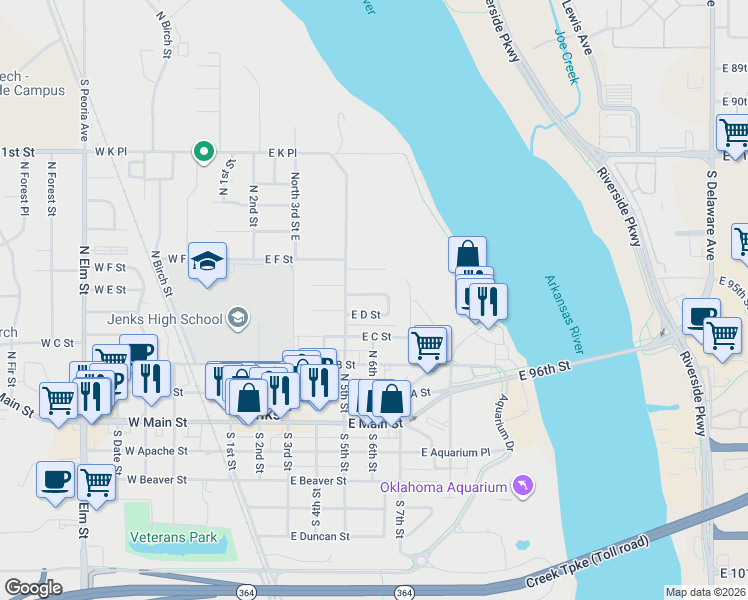 map of restaurants, bars, coffee shops, grocery stores, and more near 511 East E Street in Jenks