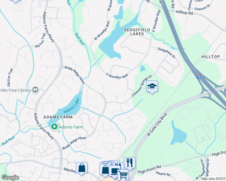map of restaurants, bars, coffee shops, grocery stores, and more near 18 Knoll Brook Court in Greensboro