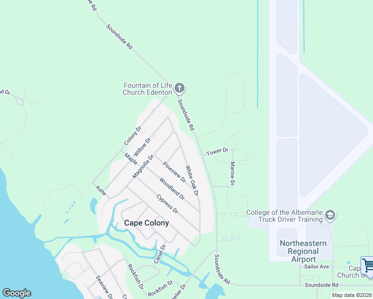 map of restaurants, bars, coffee shops, grocery stores, and more near 520 Soundside Road in Edenton