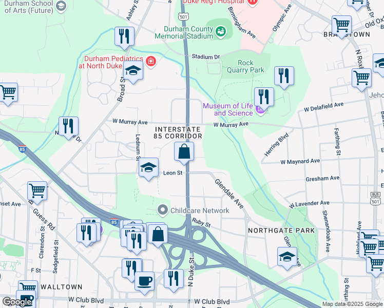 map of restaurants, bars, coffee shops, grocery stores, and more near 812 West Maynard Avenue in Durham