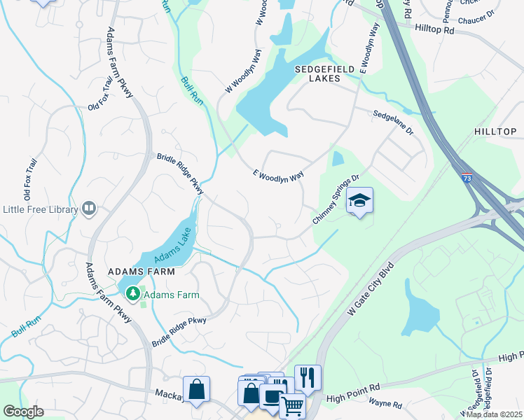 map of restaurants, bars, coffee shops, grocery stores, and more near 18 Knoll Brook Court in Greensboro