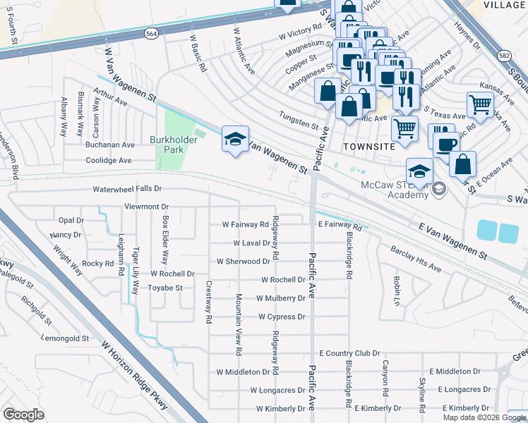 map of restaurants, bars, coffee shops, grocery stores, and more near 201 Viewmont Drive in Henderson