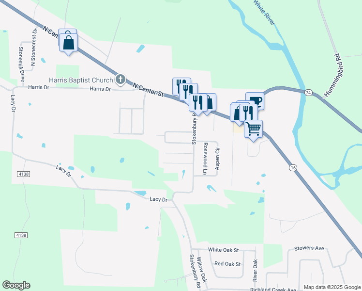 map of restaurants, bars, coffee shops, grocery stores, and more near 1291 Fox Run Lane in Elkins