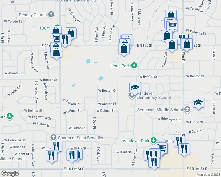 map of restaurants, bars, coffee shops, grocery stores, and more near 1504 W Boston Ct in Broken Arrow