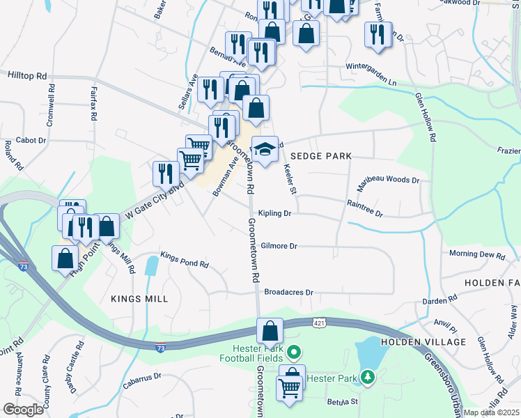 map of restaurants, bars, coffee shops, grocery stores, and more near 3101 Groometown Road in Greensboro