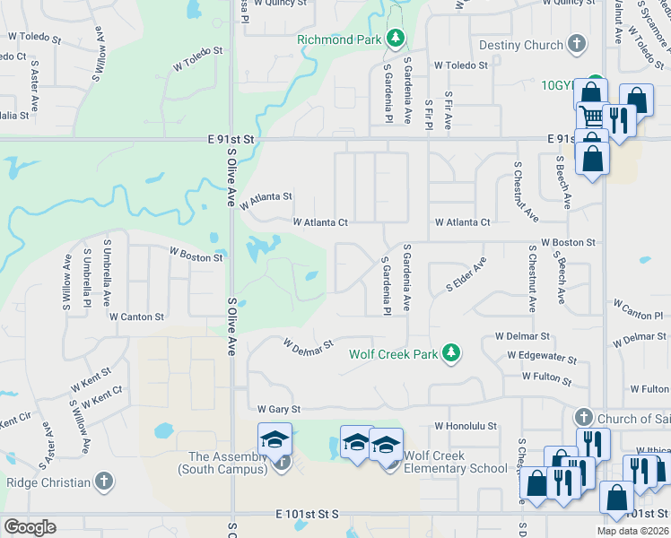 map of restaurants, bars, coffee shops, grocery stores, and more near 3003 West Boston Court in Broken Arrow