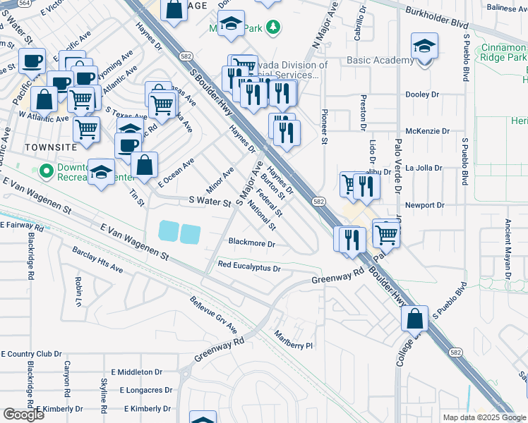 map of restaurants, bars, coffee shops, grocery stores, and more near 571 National Street in Henderson