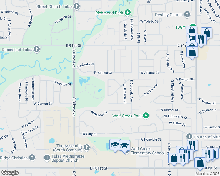 map of restaurants, bars, coffee shops, grocery stores, and more near 3003 West Boston Court in Broken Arrow