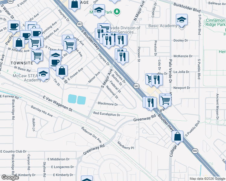 map of restaurants, bars, coffee shops, grocery stores, and more near 540 National Street in Henderson