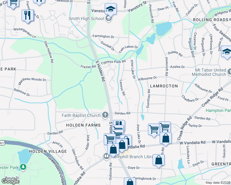 map of restaurants, bars, coffee shops, grocery stores, and more near 3227 Cypress Park Road in Greensboro
