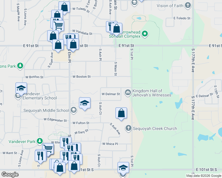 map of restaurants, bars, coffee shops, grocery stores, and more near 205 West Canton Street in Broken Arrow