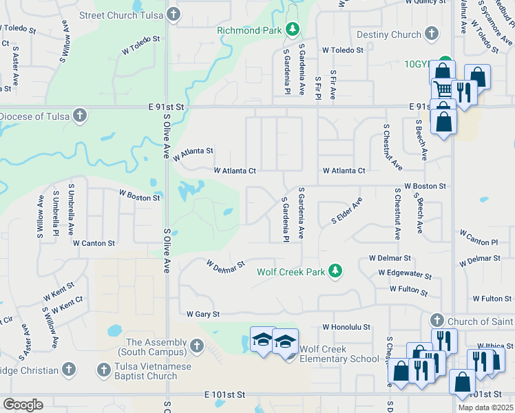 map of restaurants, bars, coffee shops, grocery stores, and more near 3003 West Boston Court in Broken Arrow