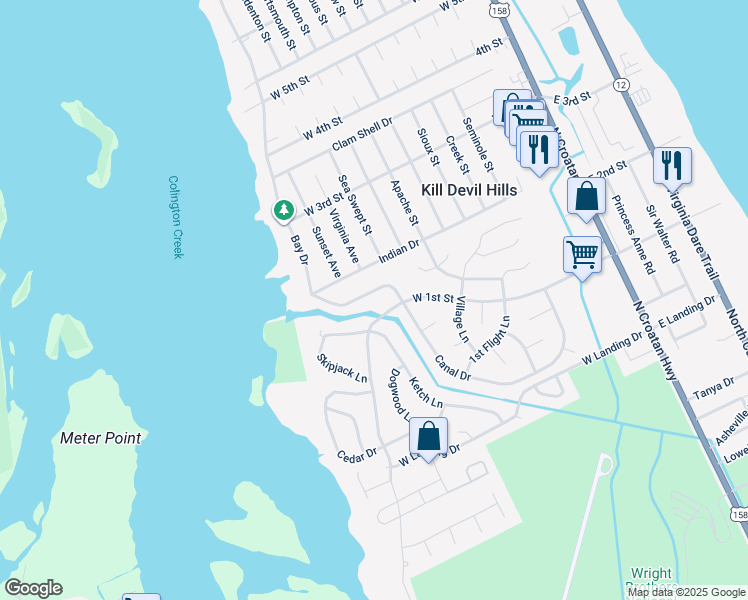 map of restaurants, bars, coffee shops, grocery stores, and more near 709 Canal Drive in Kill Devil Hills