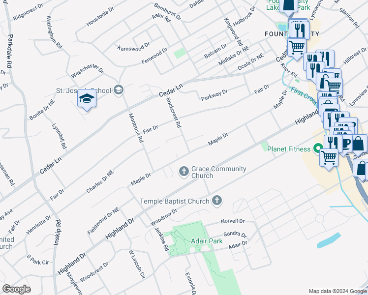 map of restaurants, bars, coffee shops, grocery stores, and more near 5105 Rockcrest Road in Knoxville