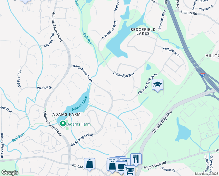 map of restaurants, bars, coffee shops, grocery stores, and more near 5 Highgate Ct in Greensboro