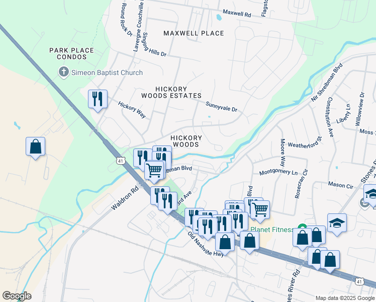 map of restaurants, bars, coffee shops, grocery stores, and more near 5152 Brookstone Court in Nashville