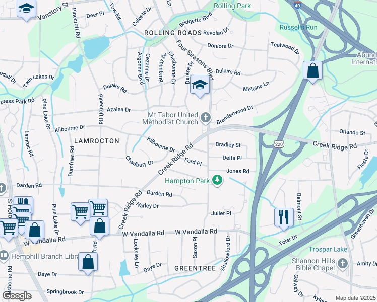 map of restaurants, bars, coffee shops, grocery stores, and more near 3115 Creek Ridge Road in Greensboro