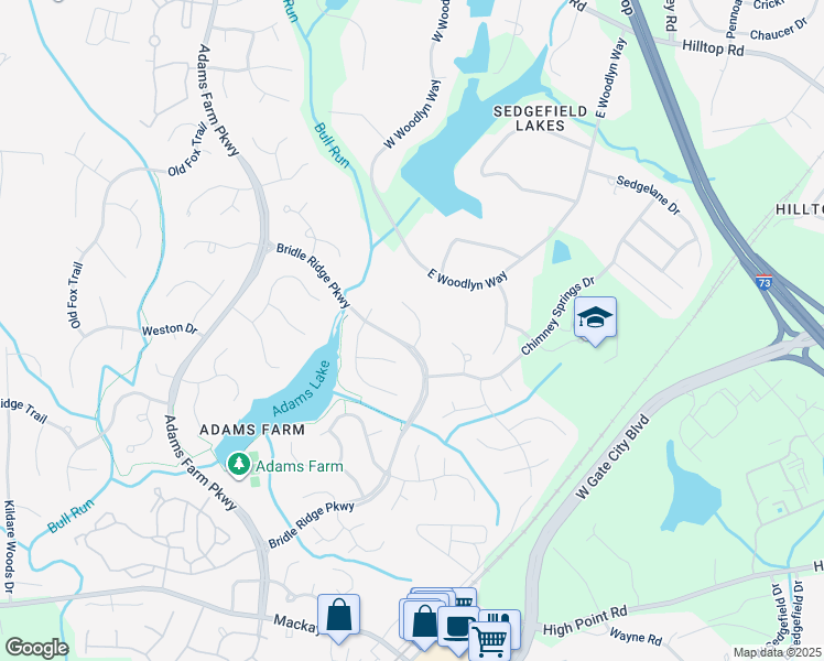 map of restaurants, bars, coffee shops, grocery stores, and more near 5 Highgate Ct in Greensboro