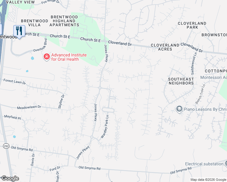 map of restaurants, bars, coffee shops, grocery stores, and more near 9258 Wardley Park Lane in Brentwood