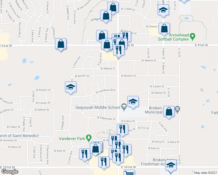 map of restaurants, bars, coffee shops, grocery stores, and more near 718 West Vandever Boulevard in Broken Arrow