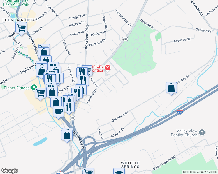map of restaurants, bars, coffee shops, grocery stores, and more near 4746 Forest Landing Way in Knoxville