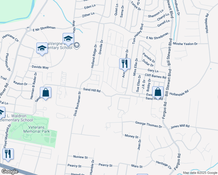 map of restaurants, bars, coffee shops, grocery stores, and more near 6048 Cullen Drive in La Vergne