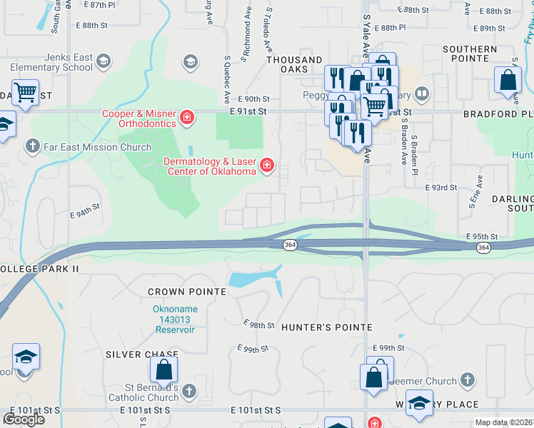 map of restaurants, bars, coffee shops, grocery stores, and more near 9402 South Sandusky Place East in Tulsa