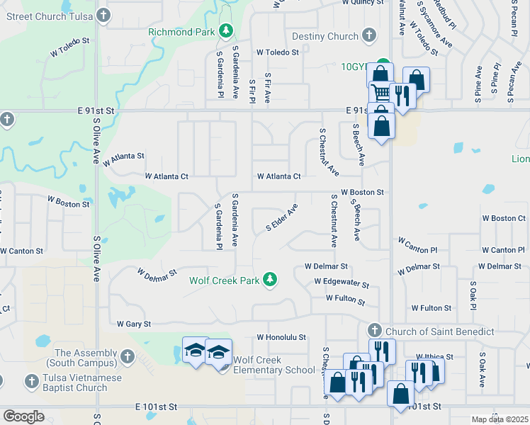 map of restaurants, bars, coffee shops, grocery stores, and more near 2619 West Boston Place in Broken Arrow