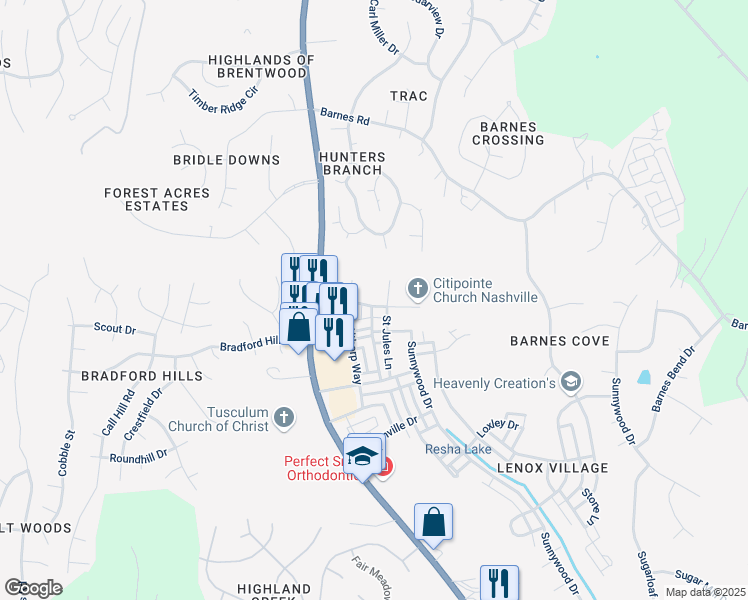 map of restaurants, bars, coffee shops, grocery stores, and more near 7231 Althorp Way in Nashville