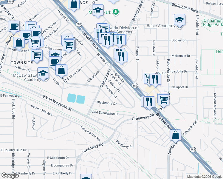 map of restaurants, bars, coffee shops, grocery stores, and more near 540 National Street in Henderson