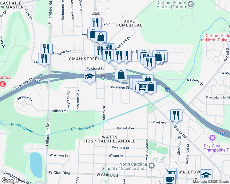map of restaurants, bars, coffee shops, grocery stores, and more near 2212 Edwin Avenue in Durham