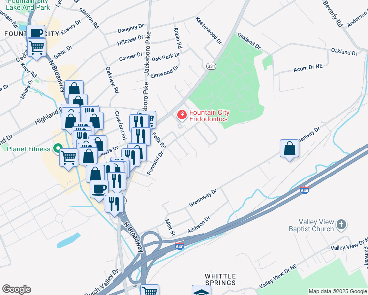 map of restaurants, bars, coffee shops, grocery stores, and more near 4746 Forest Landing Way in Knoxville