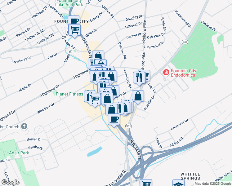 map of restaurants, bars, coffee shops, grocery stores, and more near 4832 Harvest Mill Way in Knoxville