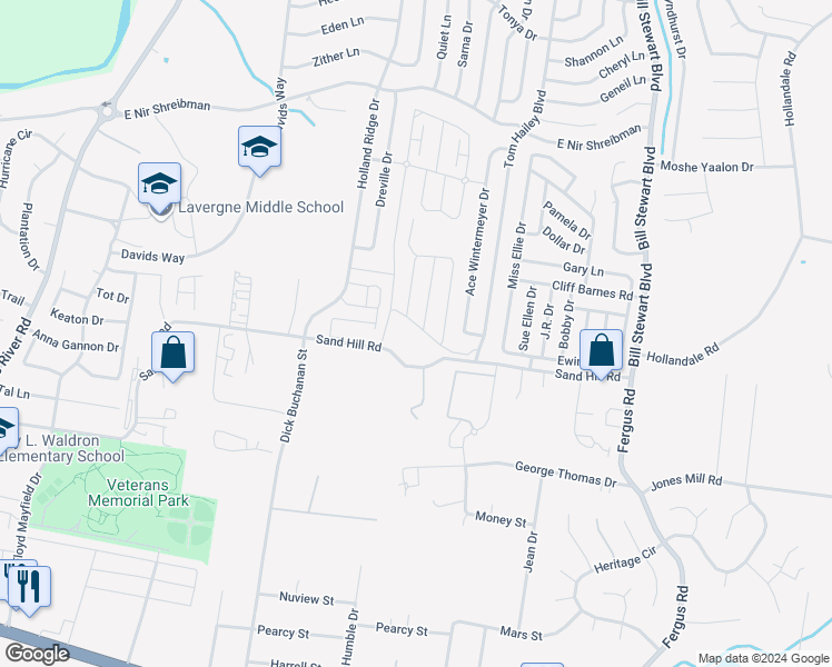 map of restaurants, bars, coffee shops, grocery stores, and more near 6048 Cullen Drive in La Vergne
