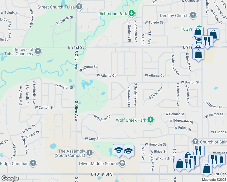 map of restaurants, bars, coffee shops, grocery stores, and more near 3003 West Boston Court in Broken Arrow