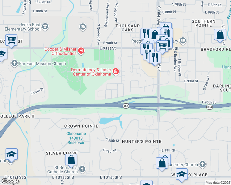 map of restaurants, bars, coffee shops, grocery stores, and more near 9402 South Sandusky Place East in Tulsa