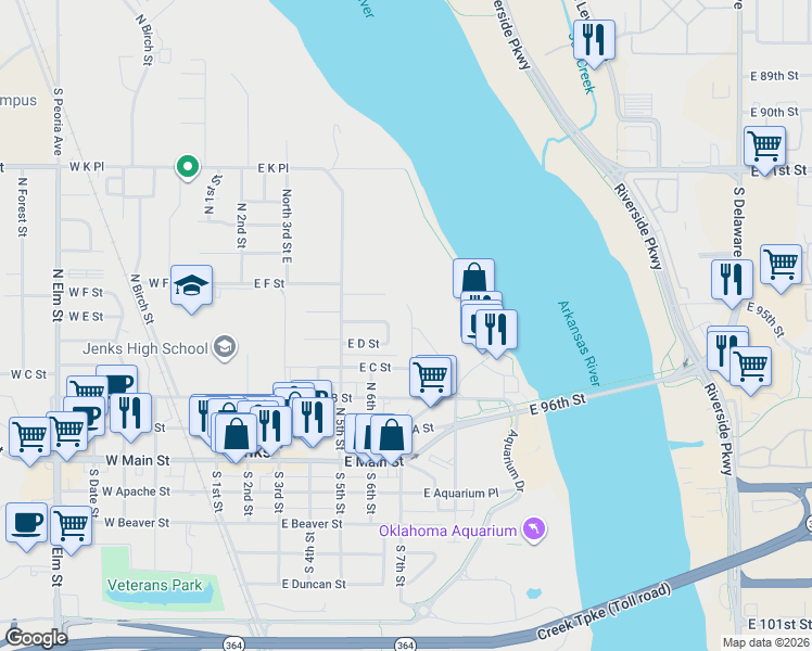 map of restaurants, bars, coffee shops, grocery stores, and more near 517 North 6th Street in Jenks